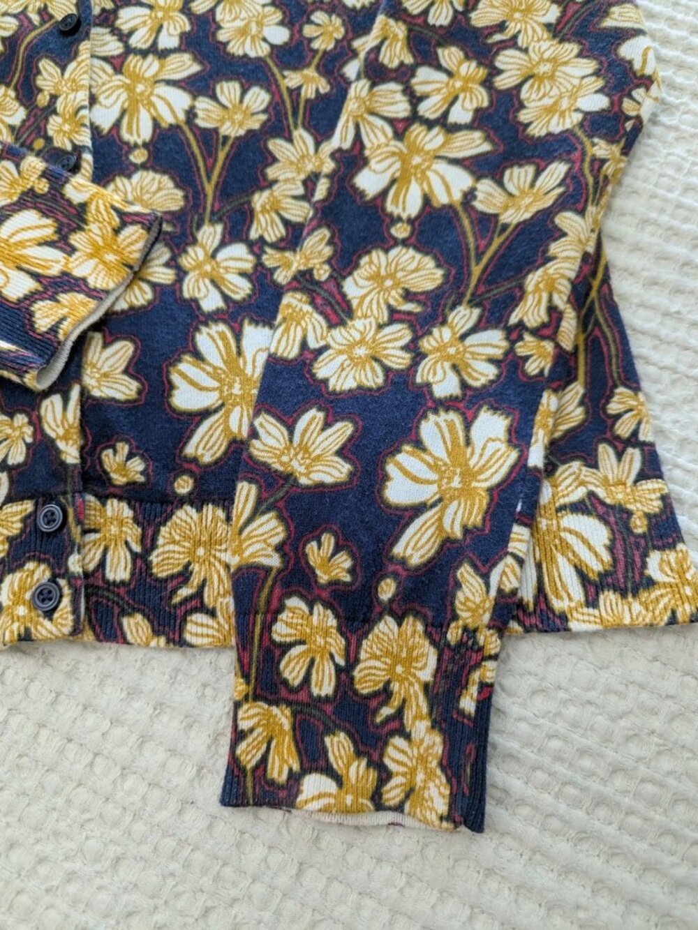 J.Crew M Cotton Floral Knitted Cardigan Navy Botanical Print Brunch Cottagecore - Picture 11 of 14